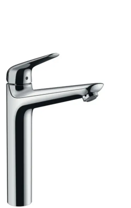 Hansgrohe Waschbeckenarmatur in Chrom mit einem beweglichen Hebel zur Wasserregulierung und einer integrierten Ablaufgarnitur.